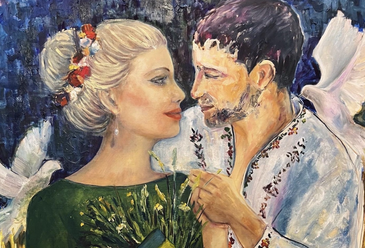 Ukrainian couple in love — detail of a painting by Marina Stognieva, white doves as symbols of peace and harmony